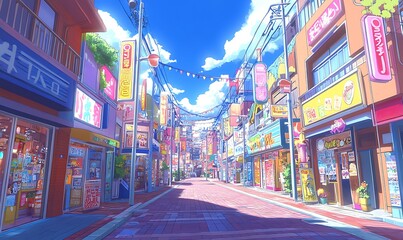 Obraz premium Vibrant Anime-Style Shopping District with Colorful Storefronts and Neon Signs in a Lively Atmosphere