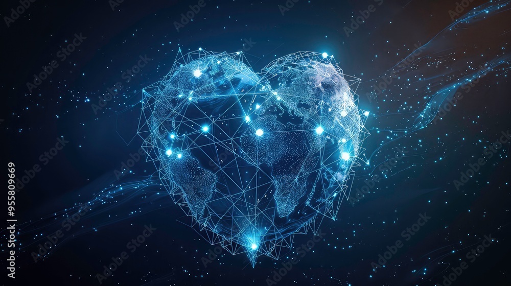 Poster a digital heart-shaped globe with glowing lines and dots on a dark background.