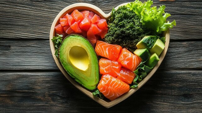 Assorted heart-healthy foods in a heart-shaped bowl, including avocado, salmon, and leafy greens, Heart health nutrition, wellness food