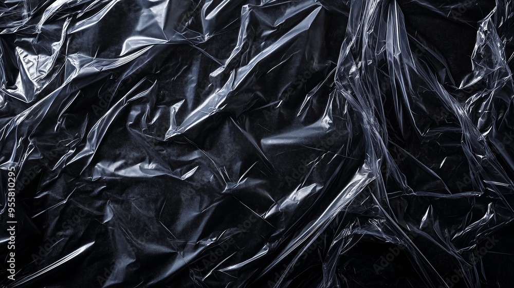 Poster black plastic sheet textures with crumples and reflections captured in a soft light setting, showcas