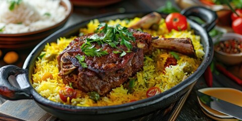 Fototapeta premium Slow Roasted Lamb Meat with Saffron Rice and Vegetables on Dinner Table Traditional Middle Eastern Cuisine including Haneeth Pilaf Mansaf Shanks and Kabsa