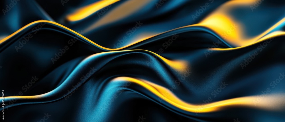 Poster flowing fabric waves in dark blue and vibrant yellow, creating a dynamic and elegant background or t