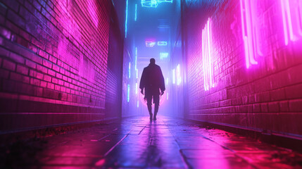 A mysterious figure walks through neon lit alleyway, surrounded by vibrant pink and blue lights, creating an atmospheric and haunting scene.
