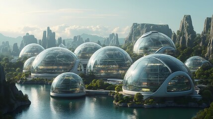 A futuristic city with protective domes shielding against natural disasters, showcasing risk mitigation in urban planning.