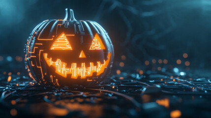A glowing jack o lantern with cyberpunk twist, surrounded by dark, tech inspired environment, evokes sense of eerie excitement.