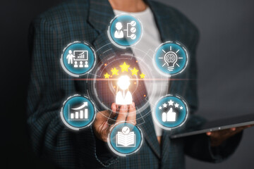 A business professional presenting a skills concept with icons symbolizing different competencies,...