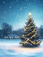 Obraz premium Christmas tree and christmas lights on abstract snowy landscape background, xmas background concept with advertising space