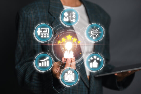 A business professional presenting a skills concept with icons symbolizing different competencies, achievements, and growth areas.