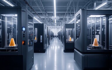 High-Tech 3D Printing Factory with Multiple Printers Creating Intricate Metal Parts