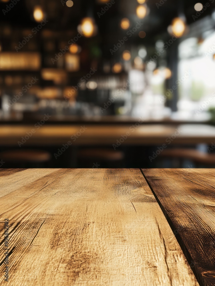 Poster empty rustic wood table and blurred soft light table in restaurant with bokeh background. product di