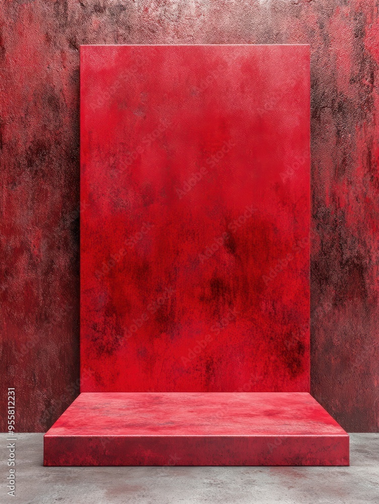 Poster empty red old textured background and stand display or shelf with studio for showing or design chris