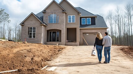 Couple walks toward their newly constructed home at a residential site surrounded by trees on a sunny day in spring
