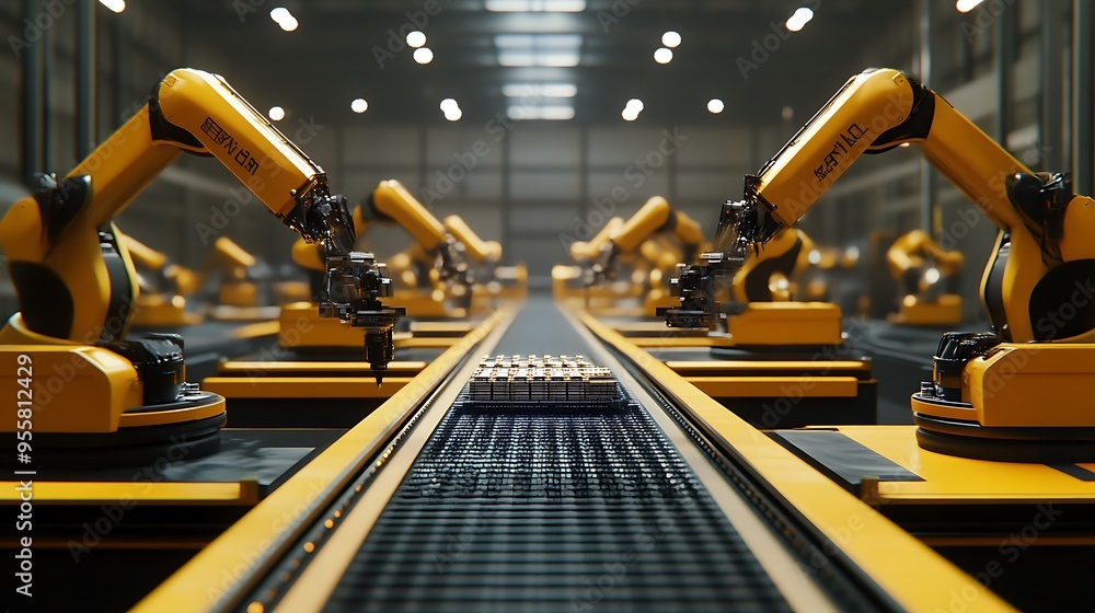 Poster modern factory with robotic arms assembling electronic components on a conveyor belt
