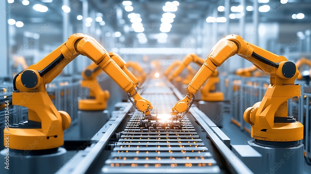 Poster modern factory with robotic arms assembling electronic components on a conveyor belt