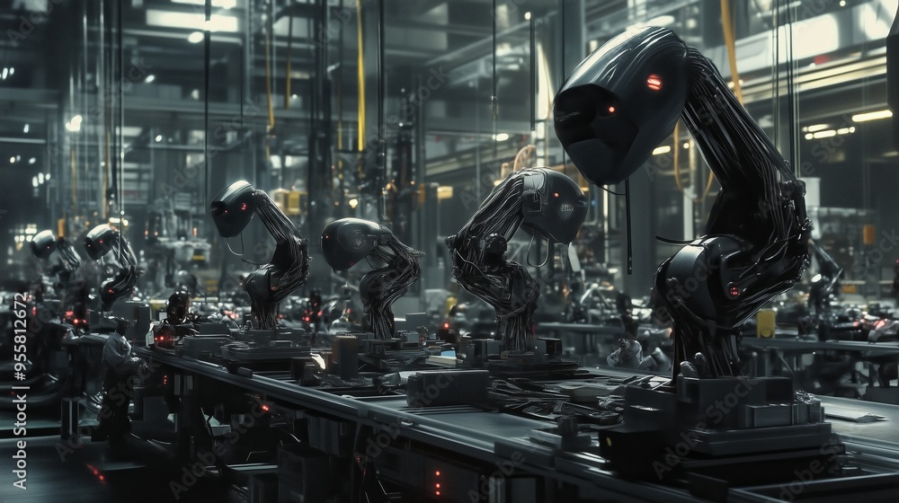 Poster advanced robotic assembly line in a futuristic factory showcasing intricate machinery and automated 