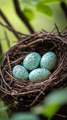 Obraz premium Close-up of a nest with eggs in rich detail for a fascinating experience. Bird eggs in a well-assembled nest in a natural scene of their habitat.