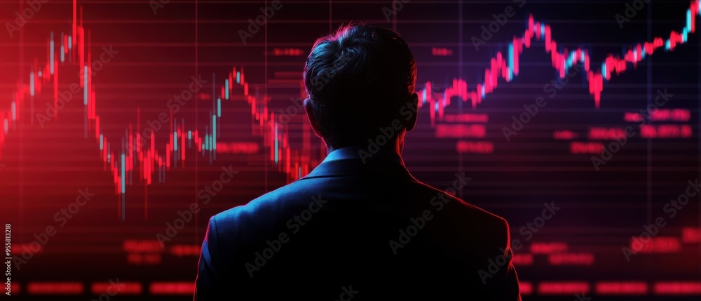 Poster a business professional analyzes market trends through data visualization with red and blue graph el