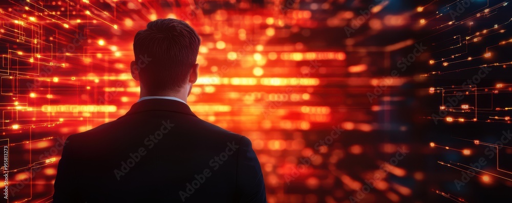 Poster a businessman stands in front of a vibrant digital interface, gazing at swirling data and light patt