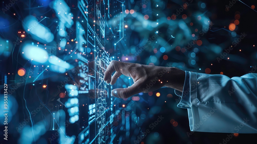Poster a hand reaches out to touch a glowing futuristic interface, surrounded by abstract lines and bokeh l
