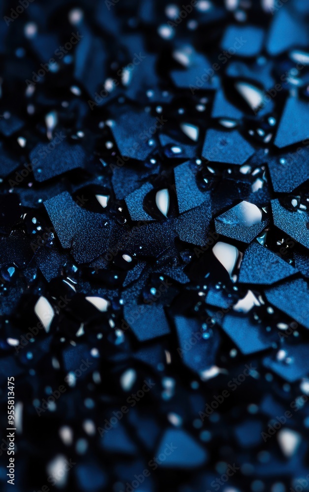 Poster a close-up of dark blue, textured tiles with droplets of water, creating a captivating and abstract 