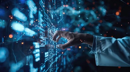 A hand reaches out to touch a glowing futuristic interface, surrounded by abstract lines and bokeh lights.