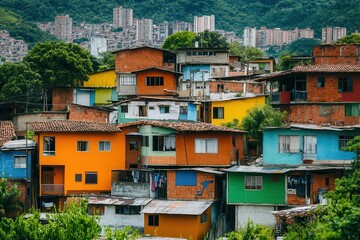 Fototapeta premium A vibrant contrast showcases luxury villas adjacent to decaying shanties, revealing deep social inequality in the urban environment. Generative AI