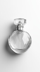 Stylish perfume bottle design features a crisp, clear structure emphasizing elegance on a soft, neutral backdrop