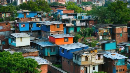 Fototapeta premium A stark juxtaposition of opulent villas and crumbling shanties highlights the deep social inequality present in urban areas. Generative AI