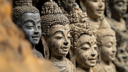 Close up of Weathered Buddha Statues in a Row