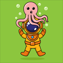 cute diving with octopus on his head. vector illustration. cartoon style.