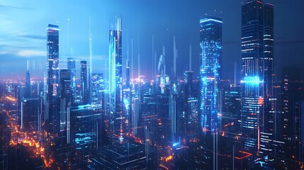Fototapeta premium Futuristic Cityscape with Neon Lights and Digital Data Streams