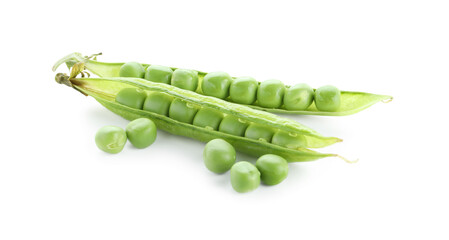 Green fresh peas and pods isolated on white