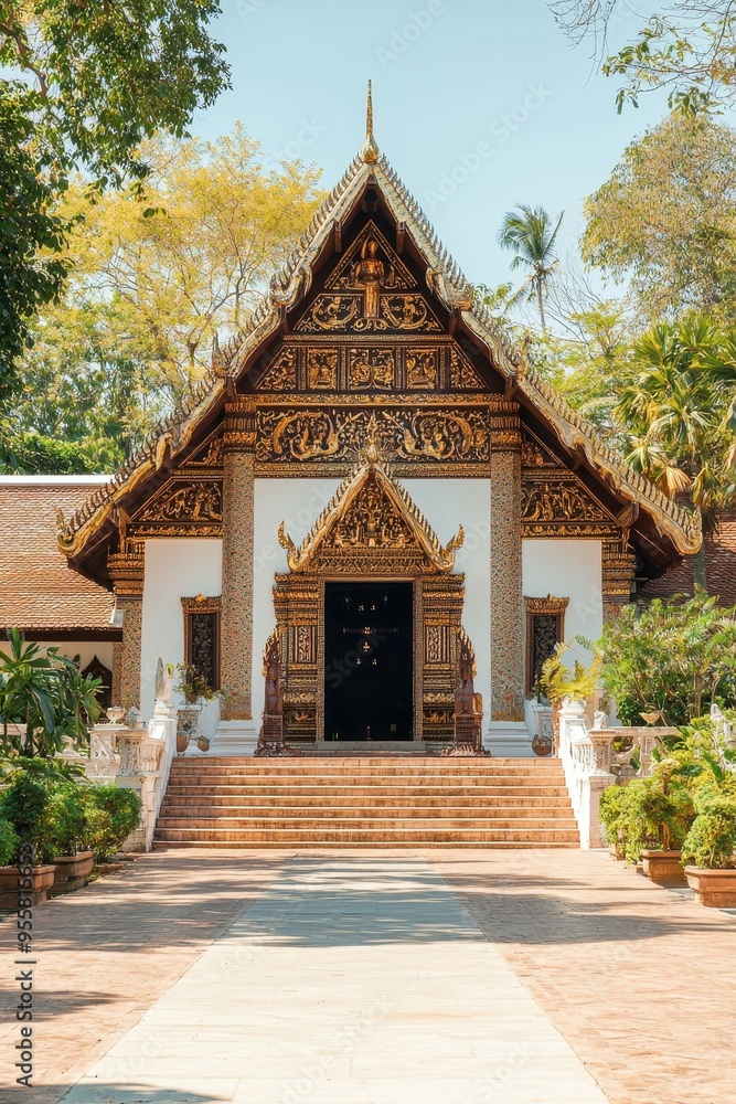 Wall mural golden temple entrance in luang prabang laos