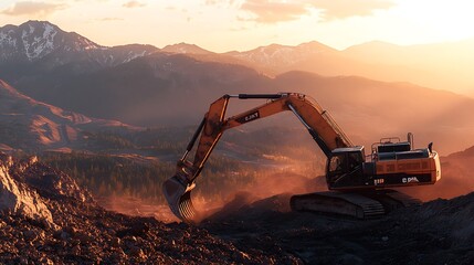 Excavator Digging at Construction Site Overlooking Mountain Range at Sunrise