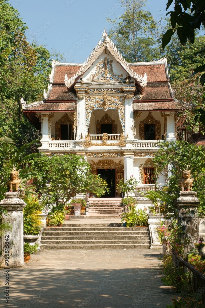 Poster Traditional Thai Temple Architecture with Golden Ornamentation and Stone Steps