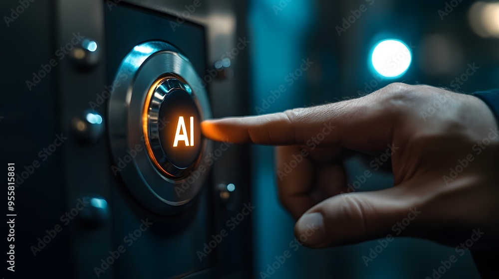 Poster hand pressing an ai button on a futuristic panel