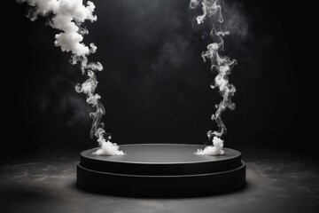 A white smokes against a dark display podium over wall with misty clouds in the background