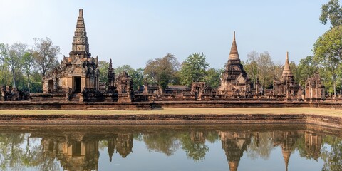 Fototapeta premium Ancient Ruins of a Thai Temple Reflected in a Pond