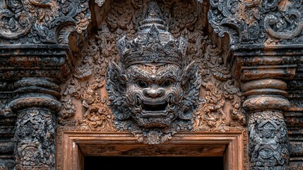 Obraz premium Intricate Stone Carving of a Guardian Deity Above a Doorway at an Ancient Temple in Southeast Asia