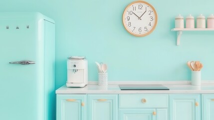 Mint Green Kitchen Cabinetry with White Appliances
