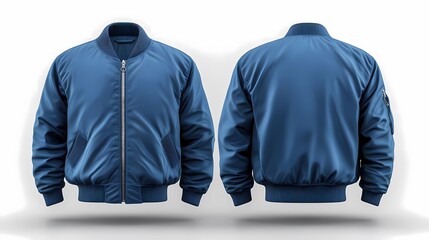 mockup front and back view of plain blue bomber jacket isolated clean white background