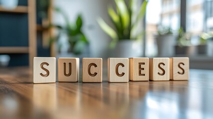Wooden Blocks Spelling the Word Success. Business, growth, motivation, success, strategy progress concept.
