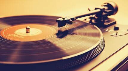Close up of a Vintage Vinyl Record Player with Tonearm and Rotating Disc