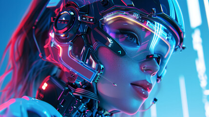 3D beautiful girl with black hair in futuristic transparent glasses and helmet looking at goggles screen with robotic body suit cyberpunk futuristic neon blue cool background