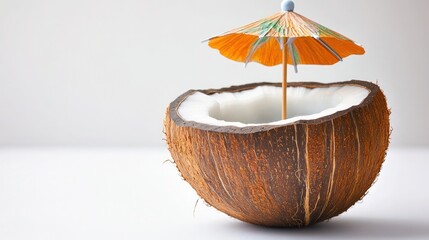 A fresh coconut half with a colorful umbrella, evoking tropical vibes and a refreshing summer drink experience.