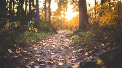 Autumn Forest Path with Sunlight and Fallen Leaves