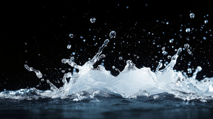 High-speed photograph of water splashing against a black background, showcasing dynamic motion and energy with crystal-clear droplets.