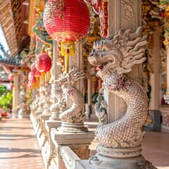 Fototapeta premium Dragon Statue Detail in Chinese Temple with Red Lanterns