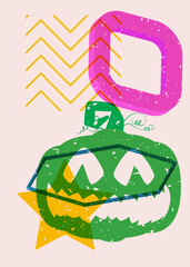 Risograph Halloween pumpkin with geometric shapes. Jack O' Lantern and objects in trendy riso graph print texture style design with geometry elements.