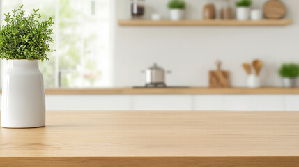 Space for product montage on wooden table top over blurred kitchen counter interior background.